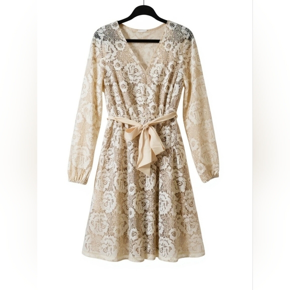 Dresses & Skirts - Apricot Crochet Lace Belted V-Neck Wrap Mini Dress Size Small.